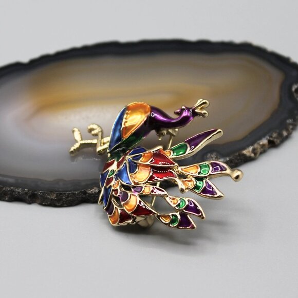 Peacock jewelry pin brooch elegant colorful yellow gold tone brand new beautiful - Picture 4 of 12